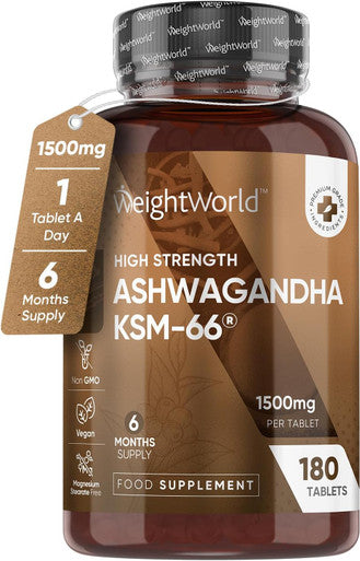 Weightworld Ashwagandha KSM-66 1500mg - 6 Months Supply - Ashwagandha High Strength Supplement with 5% Withanolides for Men & Women - Pure Ashwagandha Root Powder Tablets (Not Ashwagandha Capsules)