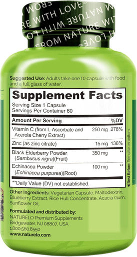 Naturelo Immune Support Vitamin C, Elderberry, Zinc, Echinacea Natural Immunity Boost W/Antioxidant, Herbal & Mineral Defense - 60 Vegan Capsules