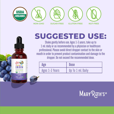 MaryRuth's Iron Supplement for Toddlers Liquid Iron Supplement for Children Ages 13 Iron Supplement for Iron Deficiency Ferrochel Sugar Free Vegan NonGMO Gluten Free 2 Fl Oz