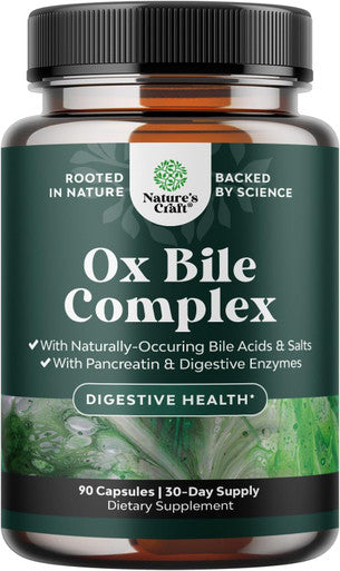 Natures Craft Digestive Enzymes with Ox Bile Supplement - Purified Bile Salts Supplement for Digestion Pancreas and Gallbladder Support with Pancreatin 4X Ox Bile Digestive Enzymes and Bile Salt Complex (1 Month)