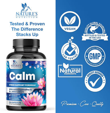 Nature'S Nutrition Natural Unwind Calm & Relax Support with Ashwagandha GABA Magnesium 5-HTP L-Theanine & B Vitamins Natural Focus Energy & Immune Support - Nature's Non-GMO Vegan Gluten - 120 Capsules