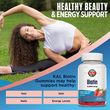 KAL Biotin Gummies 5,000 mcg | Healthy Hair Skin and Nail Support | Vegetarian | Strawberry | 60ct, 30 Serv.
