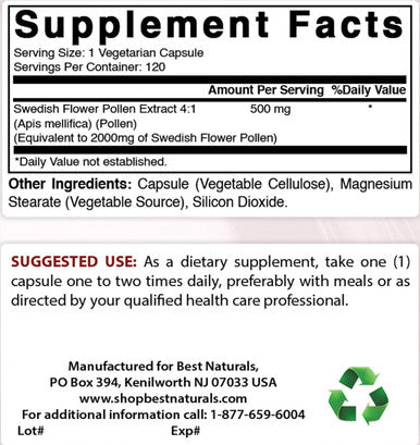Best Naturals Swedish Flower Pollen 2000 mg Equivalent Per Serving- 120 Capsules