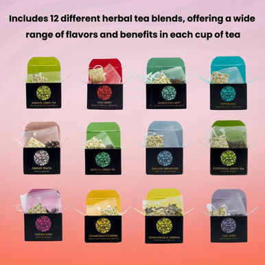 Ceremonie Tea Premium Gourmet Herbal Teas Variety Pack - her Tea Set - Assorted Tea Sampler 12 Individually Wrapped Silky Mesh Herbal Teas & Blend Bags | Single Serve Pouches