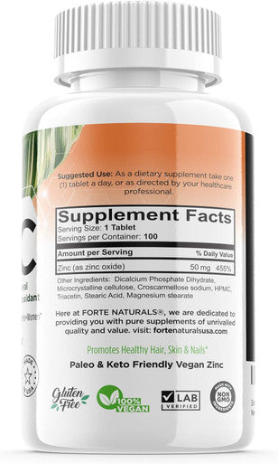Zinc Supplements 50 Mg (100 Tablets) Specially Formulated For Sensitive Stomachs, Vitamins For Adults Daily Supplement Vegan, Non Gmo, Easy To Swallow Zink Vitaminas