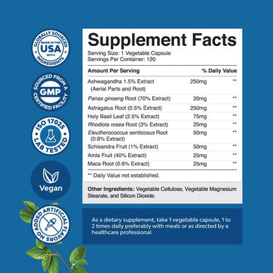 Natures Craft Herbal Adaptogen Mood Support Supplement - Calming Adaptogens Supplement for Stress & Cortisol Management with Ashwagandha Rhodiola Rosea & Maca Root - Vegan Non GMO & Daytime Friendly -120ct