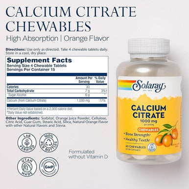 Solaray - Calcium Citrate, 1000mg, Natural Orange Flavor, 60 Chewables