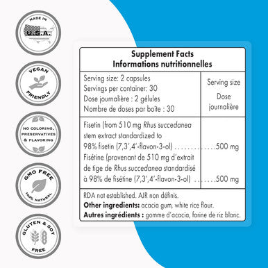 Supersmart Fisetin 500 mg Per Day Rhus Succedanea Extract Powerful 100 Natural Senolytic Supplement NonGMO Gluten Free 60 Vegetarian Capsules