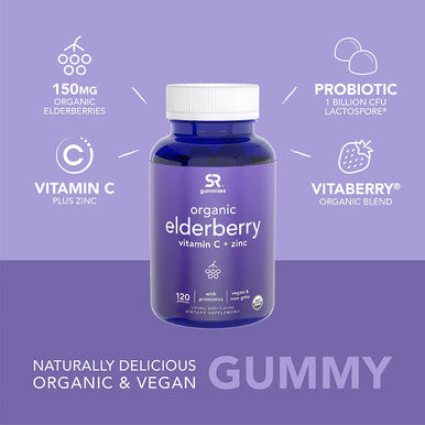 Elderberry Gummies Concentrate 651 with Vitamin C Zinc Probiotics for Immune Support Gut Health USDA Organic Vegan NonGMO Verified 120 Pectin Gummies
