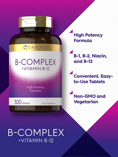 Carlyle B Complex Vitamin with B12 | 300 Tablets | High Potency Formula | Vegetarian, Non-GMO, and Gluten Free Supplement