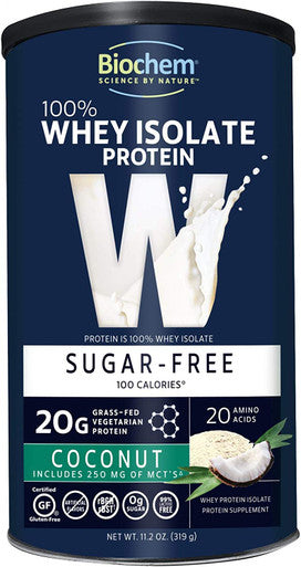Biochem 100 Whey Isolate Protein 11.2 oz Sugar Coconut 20g Vegetarian Protein KetoFriendly Amino Acids May Help Support Immune System Easy to Mix Magnesium