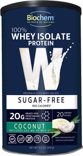 Biochem 100% Whey Isolate Protein - 11.2 oz - Sugar Free Coconut - 20g Vegetarian Protein - Keto-Friendly - Amino Acids - May Help Support Immune System - Easy to Mix - Magnesium