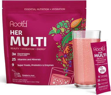 Root'D Multivitamin Powder With 3X Electrolytes For Women - 25 Vitamins & Minerals, 3X Electrolytes, 9 Organic Superfoods, Probiotics & Enzymes, Sugar-Multivitamin & Hydration 24 Packets