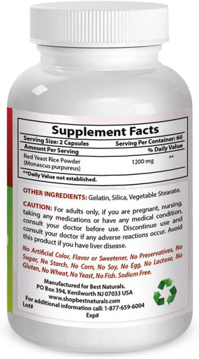 Best Naturals Red Yeast Rice 600 Mg Capsules 120 Capsules 2 Capsules Per Serving/1200Mg Per Serving