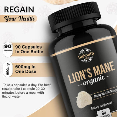 Bioyouth Organic Lions Mane Brain Support Dietary Supplement Premium Lions Mane Mushroom Extract - 90 Capsules