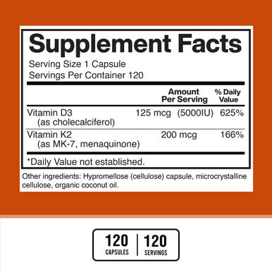 American Standard Supplements Vitamin D3 K2 (MK-7), Vitamin D3 (5000IU) + K2 (MK-7) 200mcg w/ Organic Coconut Oil 120 Veggie Capsules