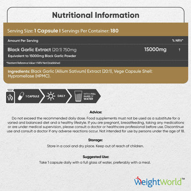Weightworld Black Garlic Capsules - 180 High Strength Odourless Garlic Capsules - Not Garlic Tablets for Adults - 6 Months Supply - 15000mg per Capsule - Rich Source of Amino Acids - Vegan Garlic Supplement
