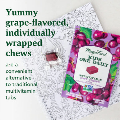 MegaFood Kids One Daily Multivitamin Soft Chews - Kids Vitamins With Vitamin B Vitamin C Vitamin D & Vitamin E - Age 4+ Vegetarian Made Without 9 Food Allergens - Grape Flavor - 30 Chews