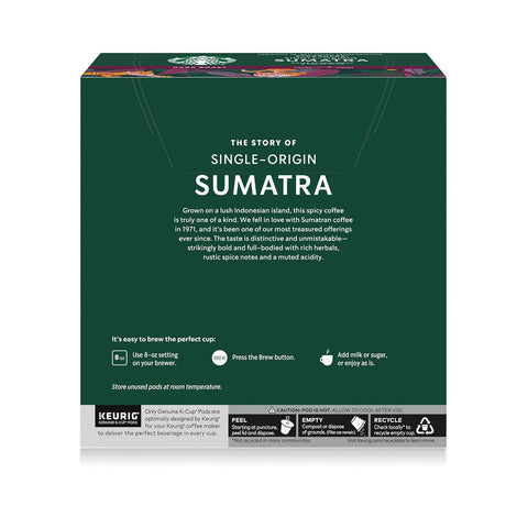 Starbucks K-Cup Coffee Pods, Dark Roast Coffee, Single-Origin Sumatra, 1 box (32 Keurig Pods)