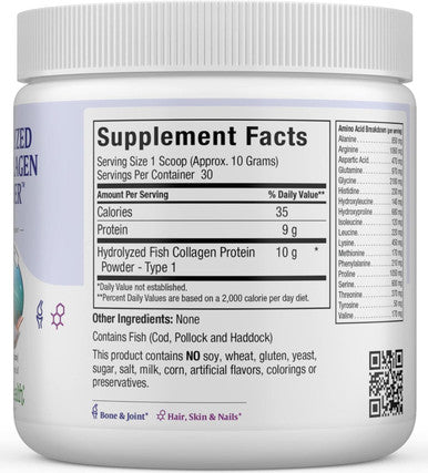 Maxi Health Collagen Powder - Collagen Protein Powder - Marine Collagen Powder for Women & Men - Type I Unflavored Fish Collagen Hydrolyzed Collagen Protein - Hair Growth & Skin Supplement (10.75 oz)