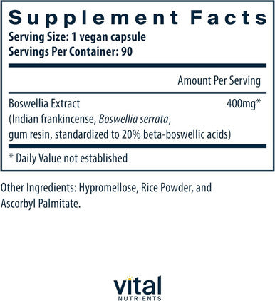 Vital Nutrients Boswellia Extract 400mg | Boswellia Extract Capsules | Herbal Support for Joint Immune and Digestive Health | Gluten Dairy Soy | Non-GMO | 90 Capsules