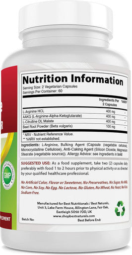 Best Naturals L-Arginine NO Booster Triple Strength 1300 mg Serving 120 Veg Capsules (120 Count (Pack of 1))