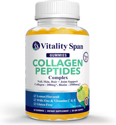 Collagen Gummies With Biotin (2500Mcg), Vitamins C, E, Zinc Beautiful Skin, Hair Growth, Strong Nails, Healthy Joints Low Sugar, Lemon Flavor 60 Collagen Gummy Vitamins