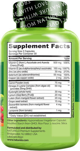 NATURELO Eye Vitamins - AREDS 2 Formula Nutrients with Lutein, Zeaxanthin, Vitamin C, E, Zinc, Plus DHA - Supplement for Dry Eyes, Healthy Vision, Eye Support - 60 Vegan Capsules