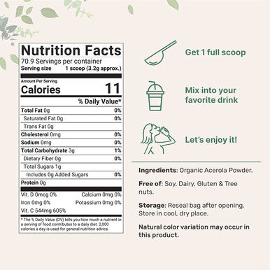 Pure Acerola Cherry Powder Organic Natural Organic Vitamin C for Immune System Booster 8 Ounce Best Superfoods for Beverage Smoothie and Drinks Vegan Friendly Brazil Origin
