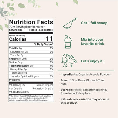 Micro Ingredients 2 Pack of Pure USDA Organic Acerola Cherry Powder Natural and Organic Vitamin C for Immune System 8 Ounce No GMO No Gluten Brazil Origin