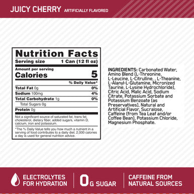 Optimum Nutrition Amino Energy Drink + Electrolytes For Hydration - Sugar Free Amino Acids Bcaa Keto Friendly Sparkling Drink - Juicy Cherry Pack Of 12 (Packaging May Vary)