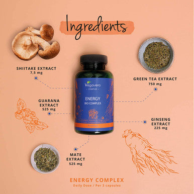 Organic Caffeine Complex VegaveroÃƒâ€šÃ‚Â® | 100% Natural | Natural Caffeine Supplement with Guarana, Mate, Green Tea, Ginseng & Vitamin B12 from Shiitake | 100% Vegan | 90 Capsules | Tiredness & Fatigue*