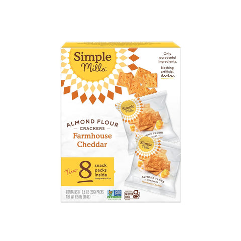 Simple Mills Almond Flour Crackers Snack Packs, Farmhouse Cheddar, Gluten Free, Flax Seed, Sunflower Seeds, Corn Free, Good for Snacks, 6.5 oz, Pack of 2 (8 Bags per Box)