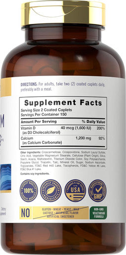 Carlyle Calcium 1200mg with Vitamin D3 | 300 Caplets | Non-GMO Gluten and Vegetarian