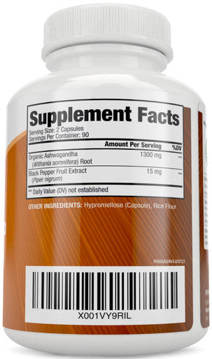 Purely Holistic Organic Ashwagandha 1300Mg - 180 Vegan Capsules - 650Mg Of Ashwaganda Per Capsule - 3 Month Supply - High Strength Ashwaganda Root Extract With Black Pepper