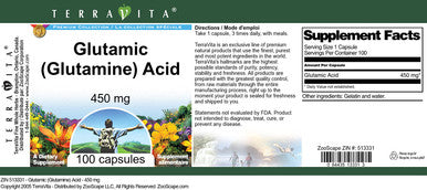 Terravita Glutamic (Glutamine) Acid - 450 Mg (100 Capsules, Zin: 513331)