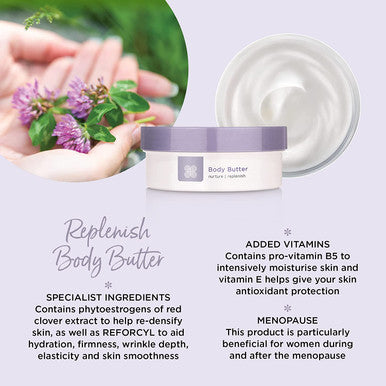 Healthspan Replenish Body Butter (200ml) | A rich moisturiser to intensively hydrate skin from top to toe |With pro-vitamin B5, vitamin E, cocoa butter and shea butter
