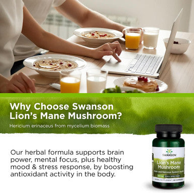 Swanson Lion's Mane Mushroom Capsules - 500 mg Each 60 Capsules - Herbal Supplement Supporting Cognitive Function
