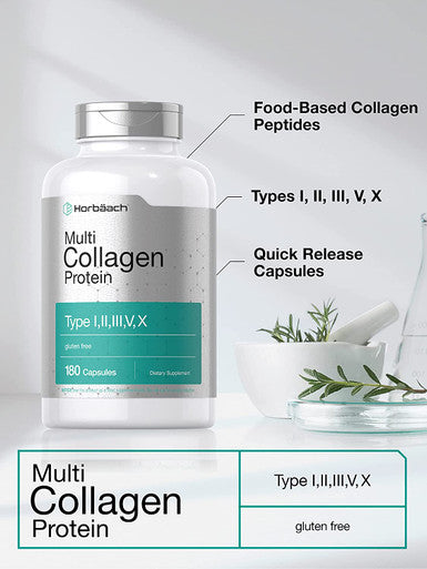 Multi Collagen Protein 2000 mg | 180 Capsules | Type I, II, III, V, X | Collagen Peptide Pills | Keto & Paleo Friendly, Gluten Free Supplement | by Horbaach