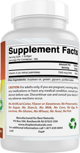 Best Naturals Vitamin A 25000 IU (7500 mcg) Non-GMO Formula Supports Healthy Vision & Immune System and Healthy Growth & Reproduction 180 Softgels (180 Count (Pack of 1))