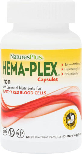 Natures Plus Hema-Plex Iron - 60 Slow-Release Mini-Tabs - 85 Mg Chelated Iron - Total Blood Health - With Vitamin C & Bioflavonoids - Vegan, Gluten - 30 Servings