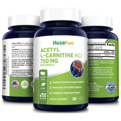 NusaPure Acetyl L-Carnitine 750mg Per Caps 150 Veggie Capsules (Non-GMO & ) High Potency Acetyl L Carnitine (ALCAR) Supplement Pills