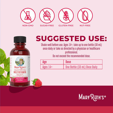 Maryruth Organics Multivitamin For Women Men & Kids No Added Sugar Morning Raspberry Liquid Vitamins For Adults & Kids Mens Womens Multivitamin Energy & Beauty Booster 16-1 Fl Oz Bottles
