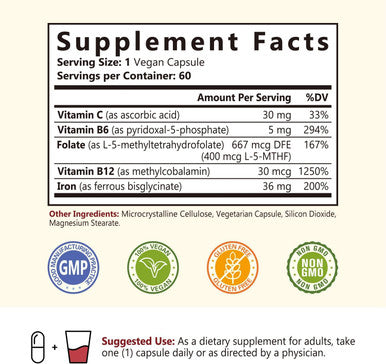 Gentle Iron Supplement For Women Men With Vitamin C, Folate, B6 & B12 Stomach Friendly Iron Bisglycinate Non-Constipating Iron Pills For Blood, Energy & Immune Support 60 Vegan Caps