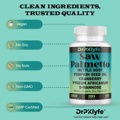 Board Certified Internist Recommended, 30 Yrs Exp. : Saw Palmetto, Nettle Root, Pumpkin Seed Oil, Cranberry, Pygeum Africanum,D-Mannose, Hibiscus,Lycopne: 1560 Mg:Bladder, Prostate & Hair Health.