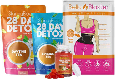 Skinny Boost Detox Pack-1 Daytime Tea(28 Bags)1 Evening Detox Tea(14 Bags), 1 Sugar Free Apple Cider Vinegar Gummies(60 Vegan), Supports Detox & Cleanse, Belly Blaster-(M) Waistline Trimmer