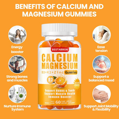 Calcium Magnesium Zinc Gummies For Adult: With Vitamin D3 K2 For Women Men Organic Sugar Vegan Chewable Gummy - High Absorption For Immune Strength(60 Count)