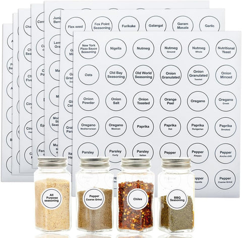 Spice Labels, 432Pcs Spice Labels Stickers 1.4in Waterproof Adhesive Round Preprinted Spice with Blank Label Black Tear Resistant Sticker for Kitchen Jars Caps Food Containers Spice Organizers