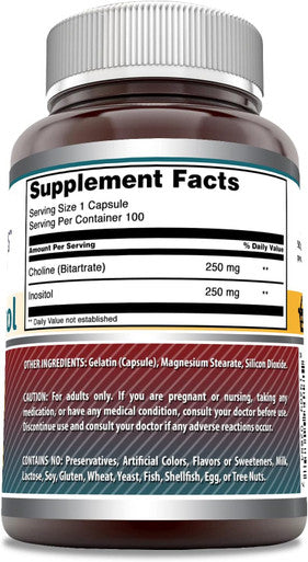 Amazing Nutrition Formulas Choline & Inositol Supplement | 500 Mg Per Serving | Capsules | Non-GMO | Gluten- | Made in USA (1 Pack 100 Count)