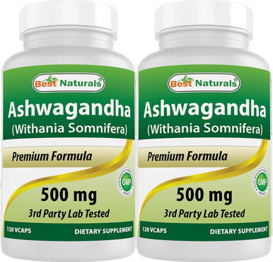 Best Naturals 2 Pack Ashwagandha Capsules For Relaxing Stress And Mood 500 Mg 120 Count (Total 240 Capsules)